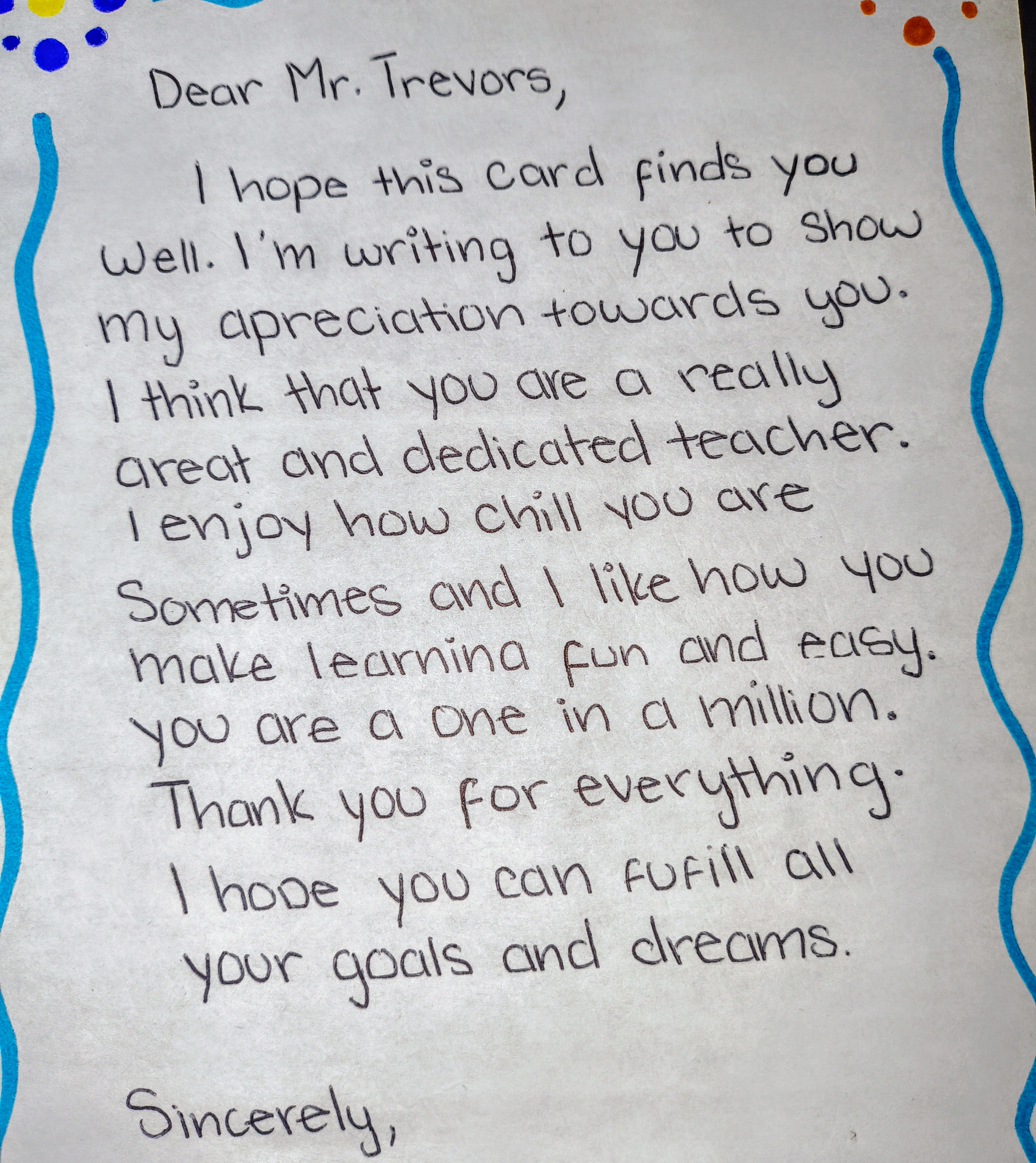 Handwritten student letter from Xime