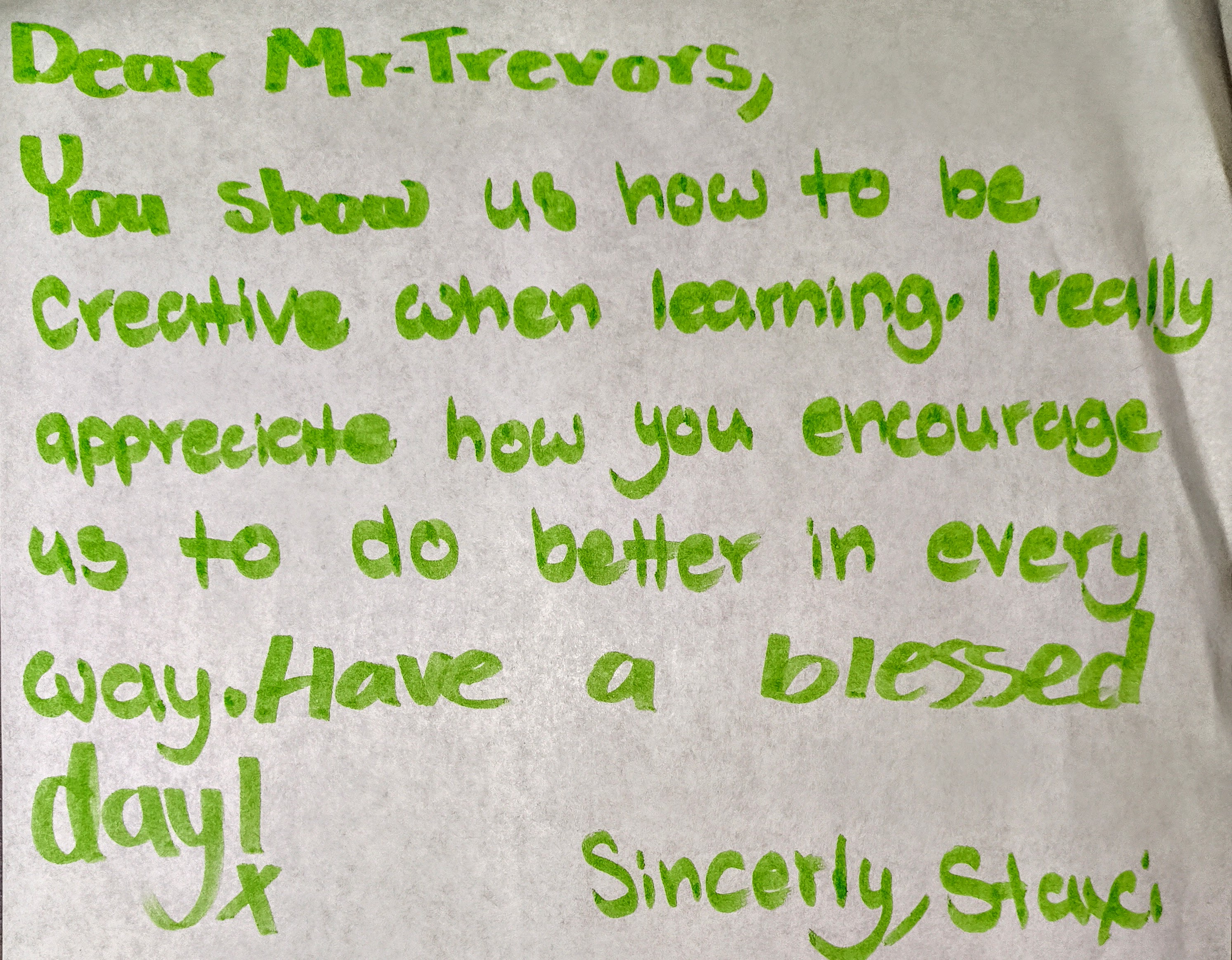 Handwritten student letter from Stayci