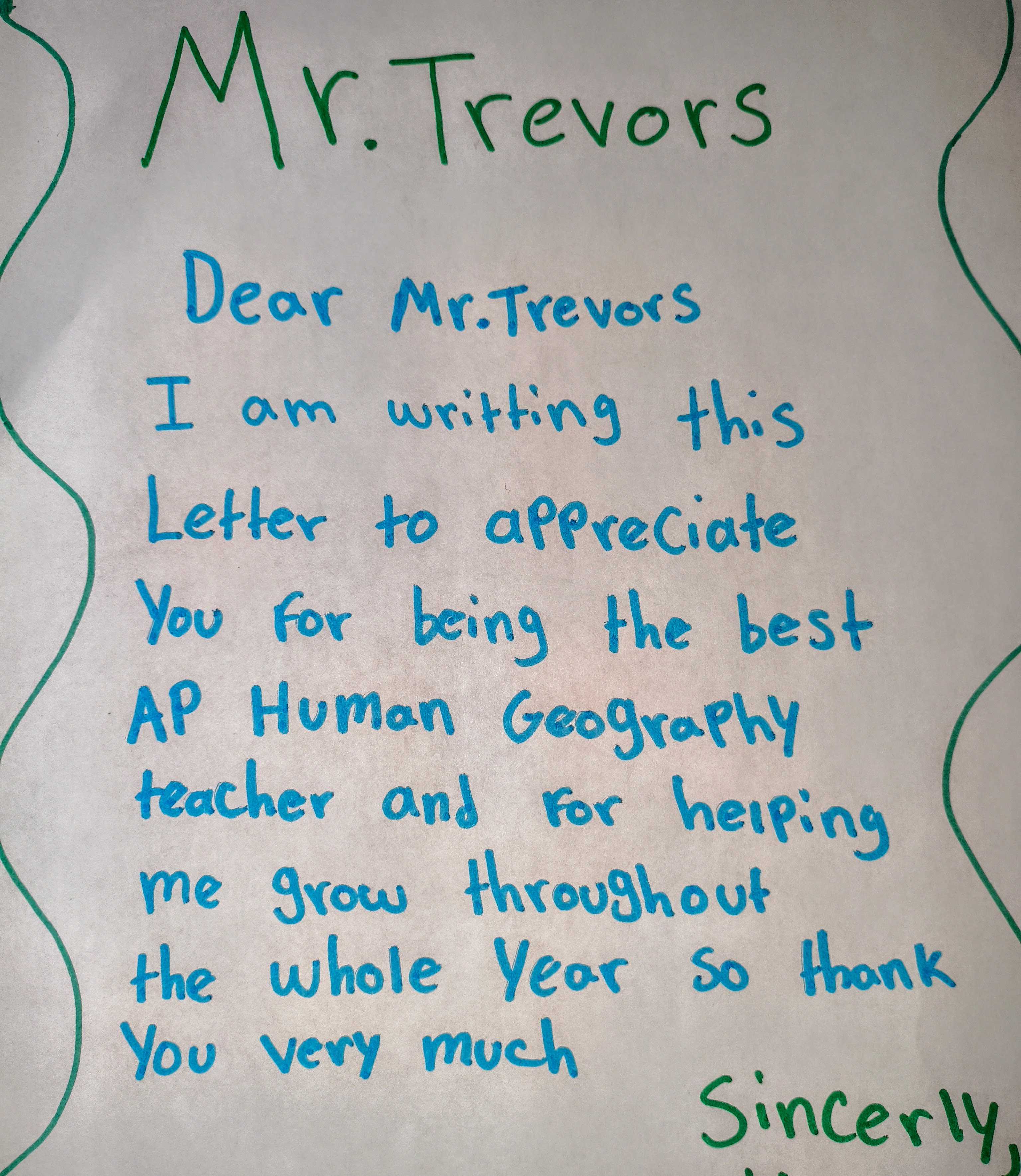 Handwritten student letter from Yosgar