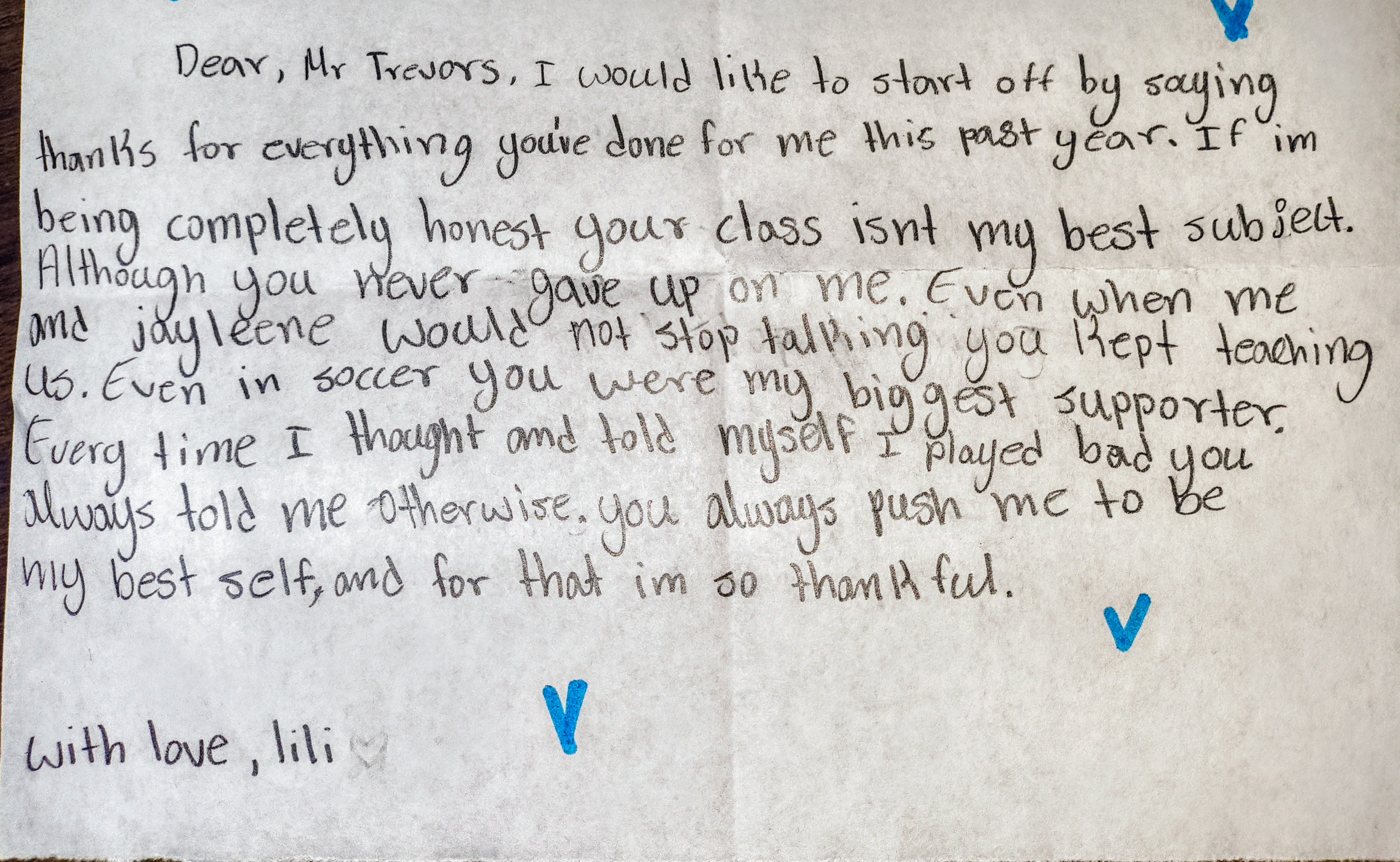 Handwritten student letter from Liana