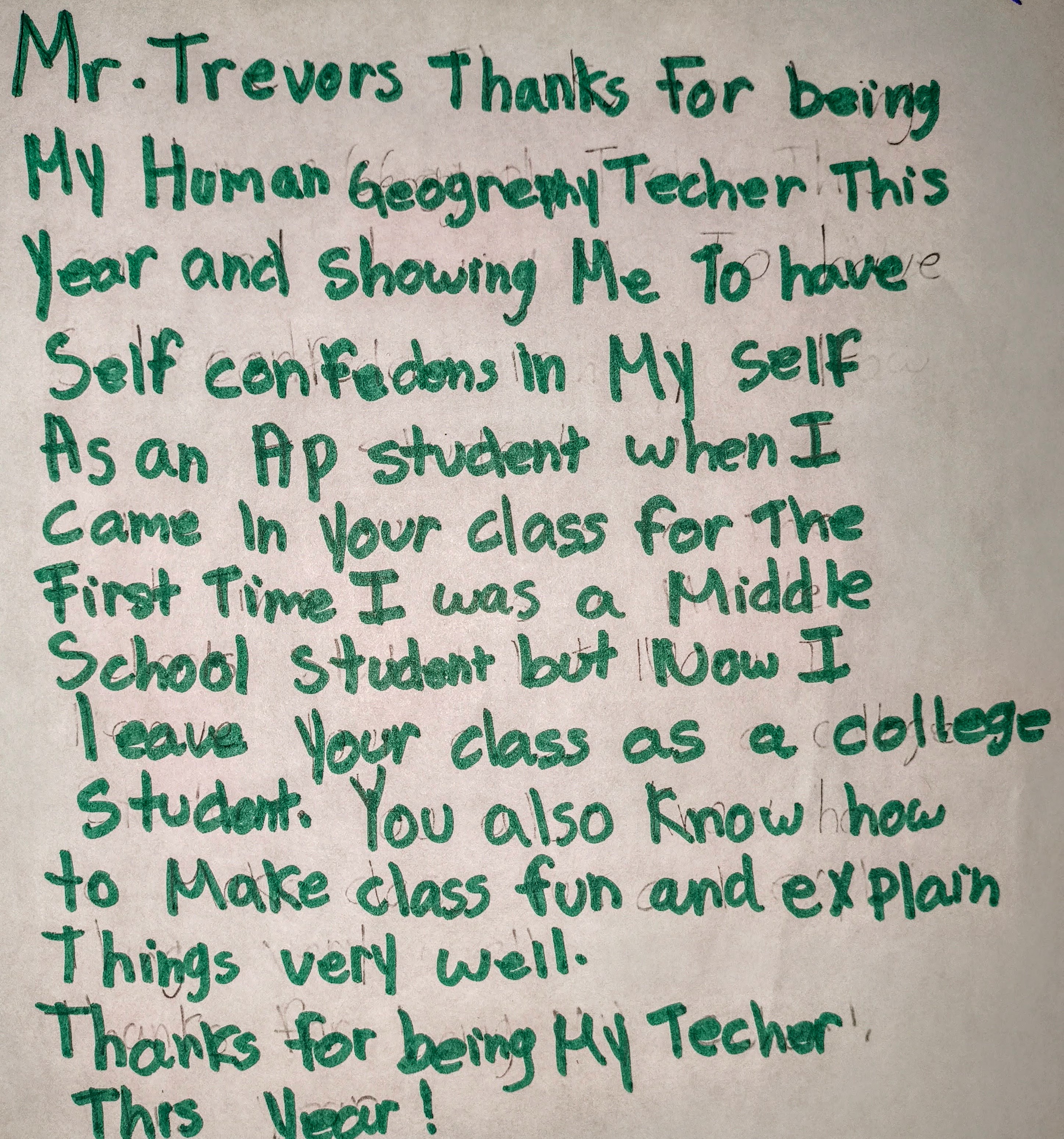 Handwritten student letter from Angela